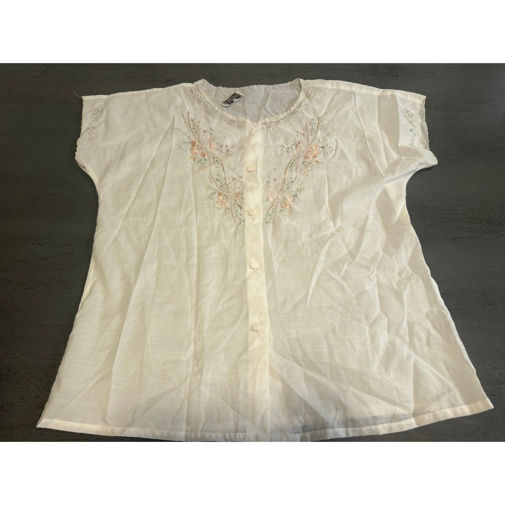 Vintage Lily Hand Embroidered White Floral Blouse Button Up Top Shanghai Size 42